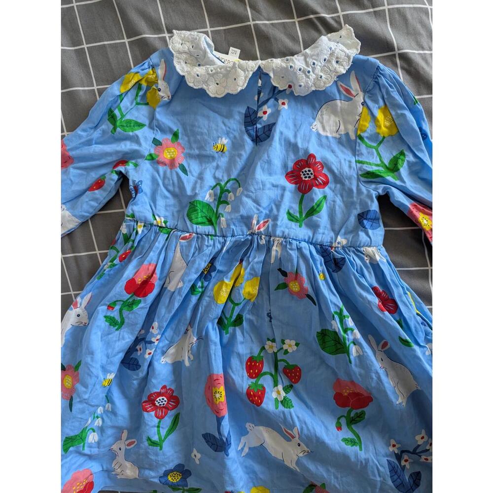 Mini Boden Light Blue Floral & Bunny Print Dress with White Eyelet Collar